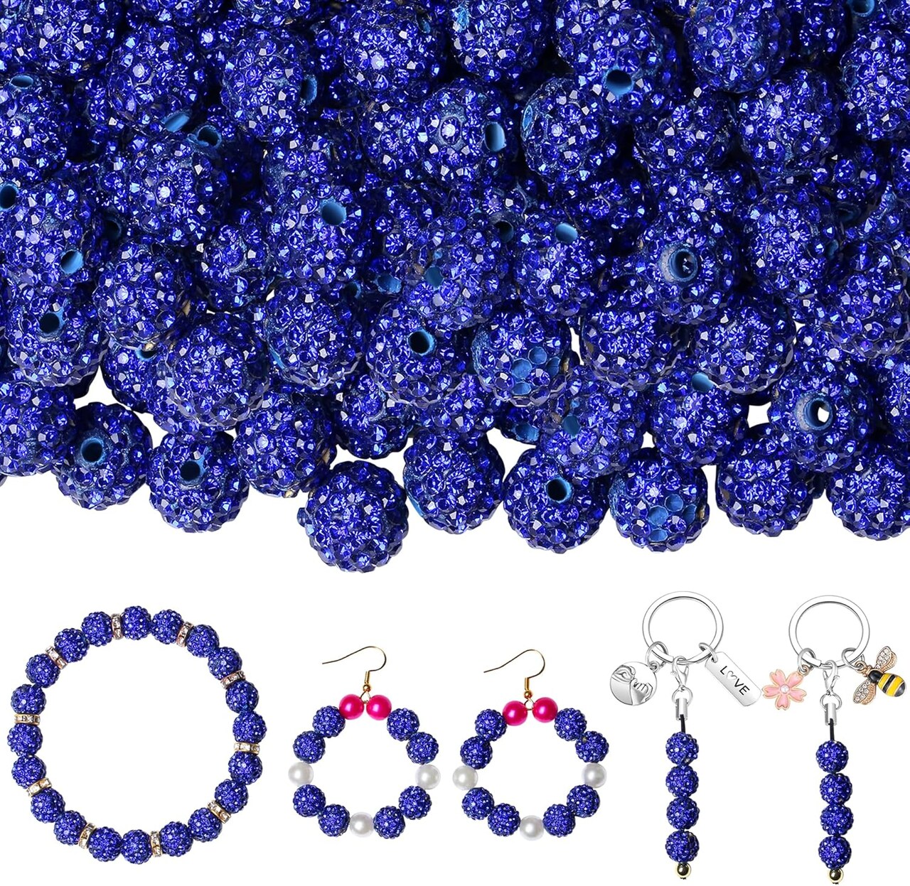 100pcs 10mm Blue Clay Beads, Round Blue Rhinestone Beads for Jewelry Making(Sapphire)